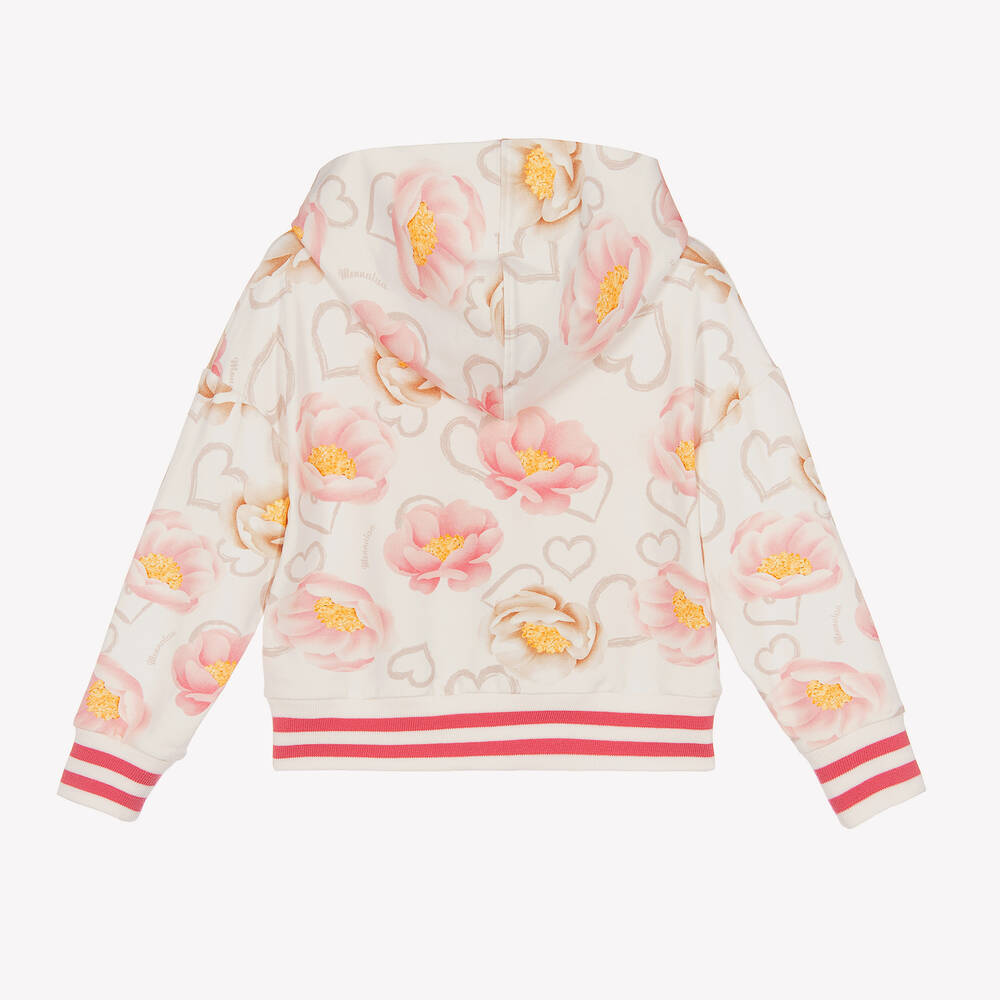 Monnalisa-Girls Ivory & Pink Cotton Floral Zip-Up Top | Childrensalon Outlet