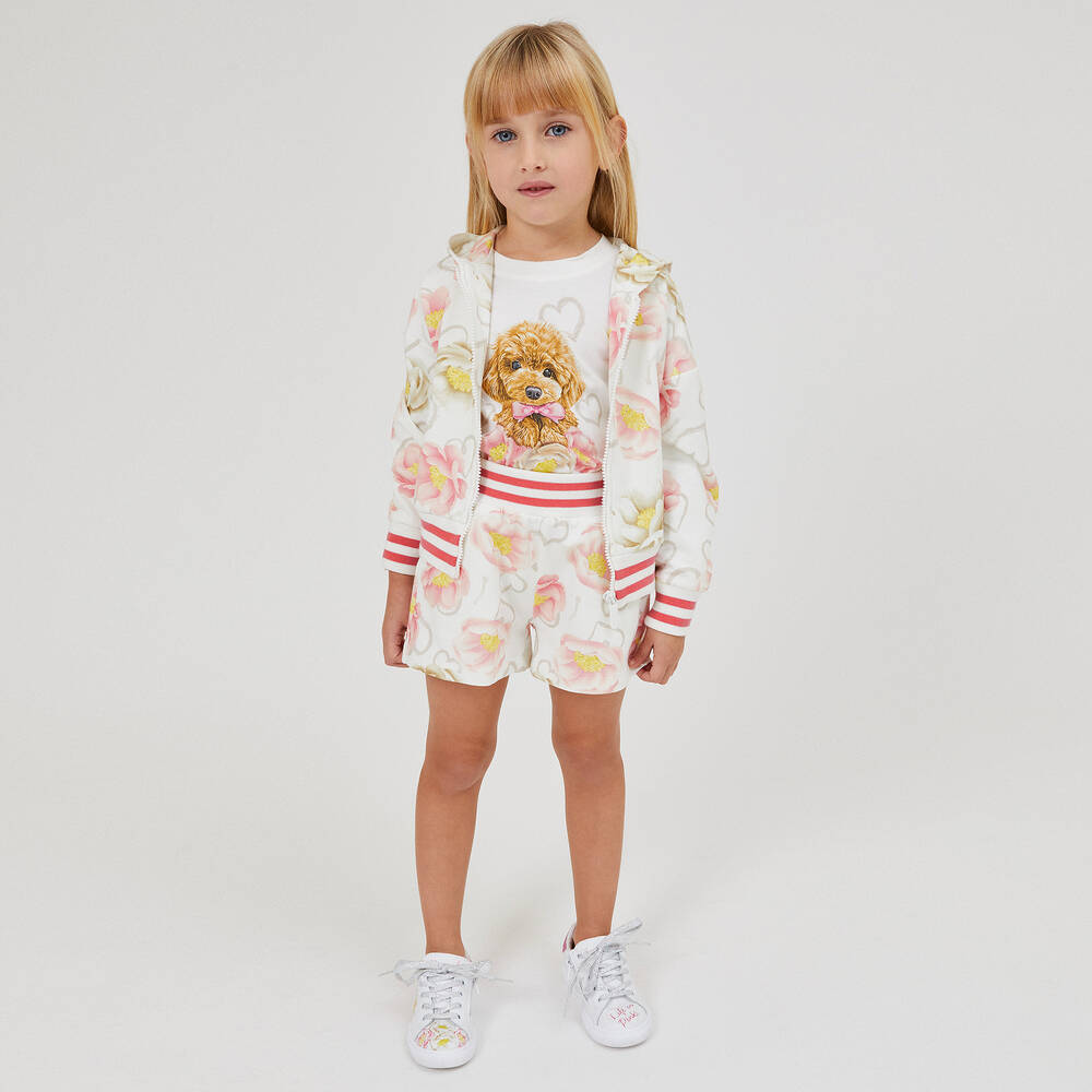 Monnalisa-Girls Ivory & Pink Cotton Floral Zip-Up Top | Childrensalon Outlet