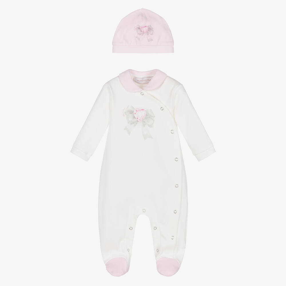 Monnalisa-Girls Ivory & Pink Crystal Heart Babygrow Set | Childrensalon Outlet