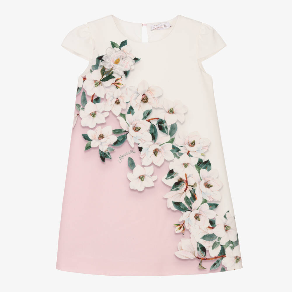 Monnalisa Chic - Blumenkleid in Elfenbein und Rosa | Childrensalon