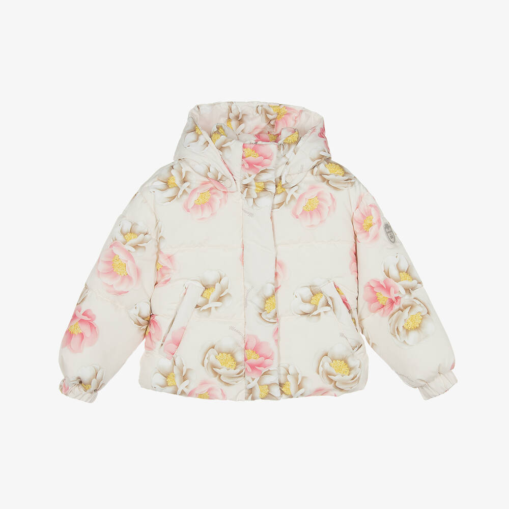 Monnalisa - Girls Ivory & Pink Floral Puffer Jacket | Childrensalon