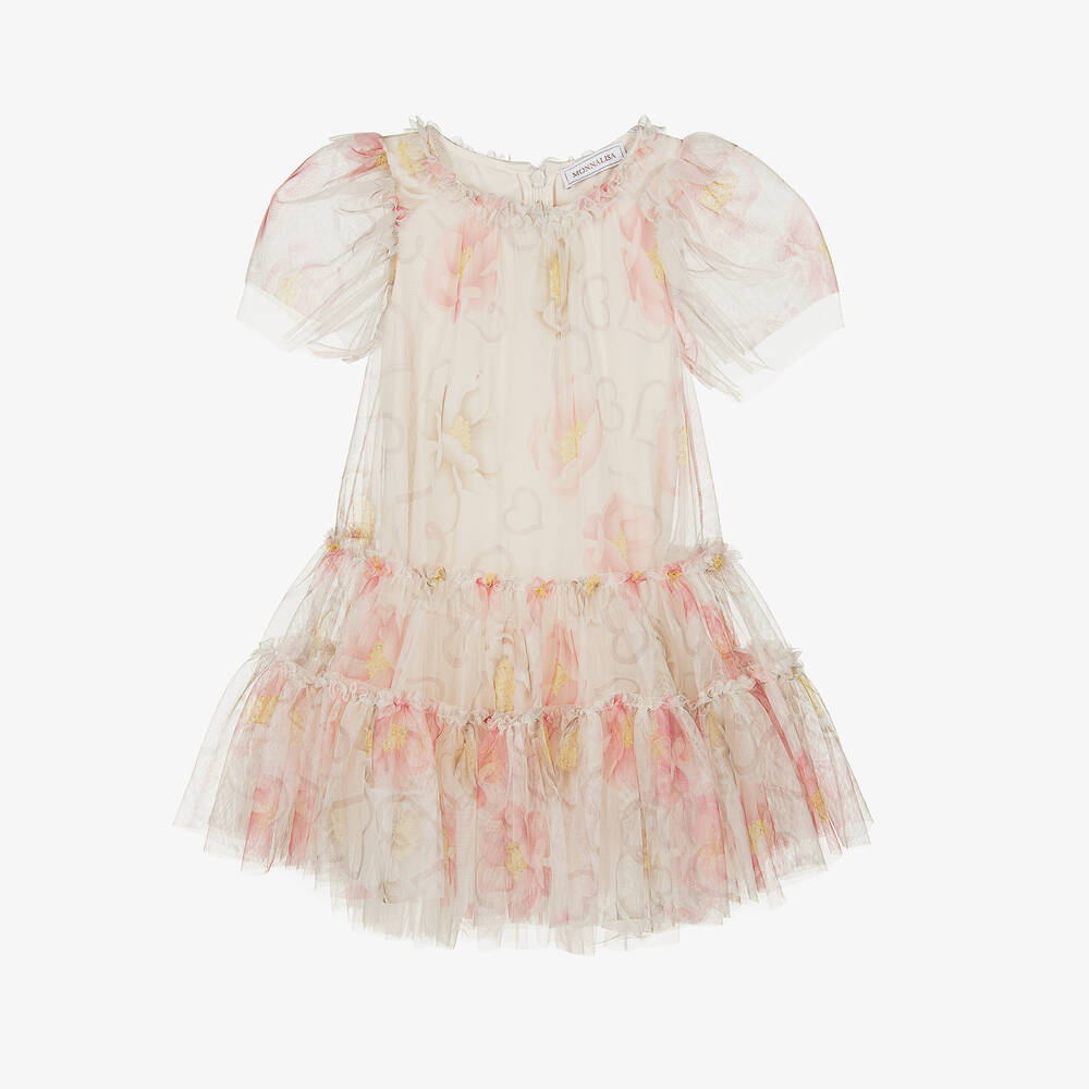 Monnalisa - Кремово-розовое платье из тюля с цветами | Childrensalon