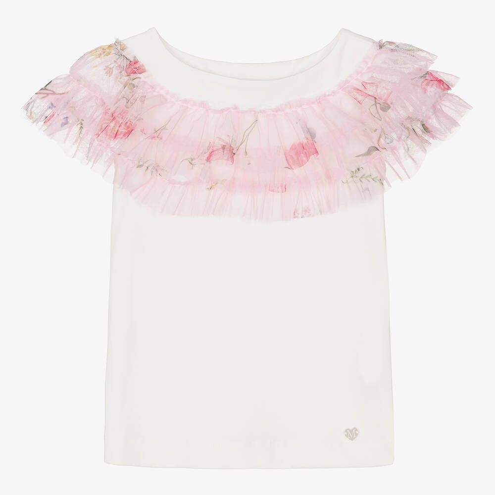 Monnalisa-Girls Ivory & Pink Floral Tulle T-Shirt | Childrensalon Outlet