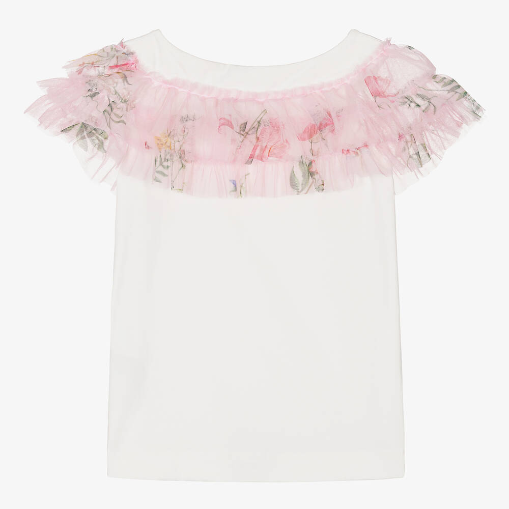Monnalisa-Girls Ivory & Pink Floral Tulle T-Shirt | Childrensalon Outlet
