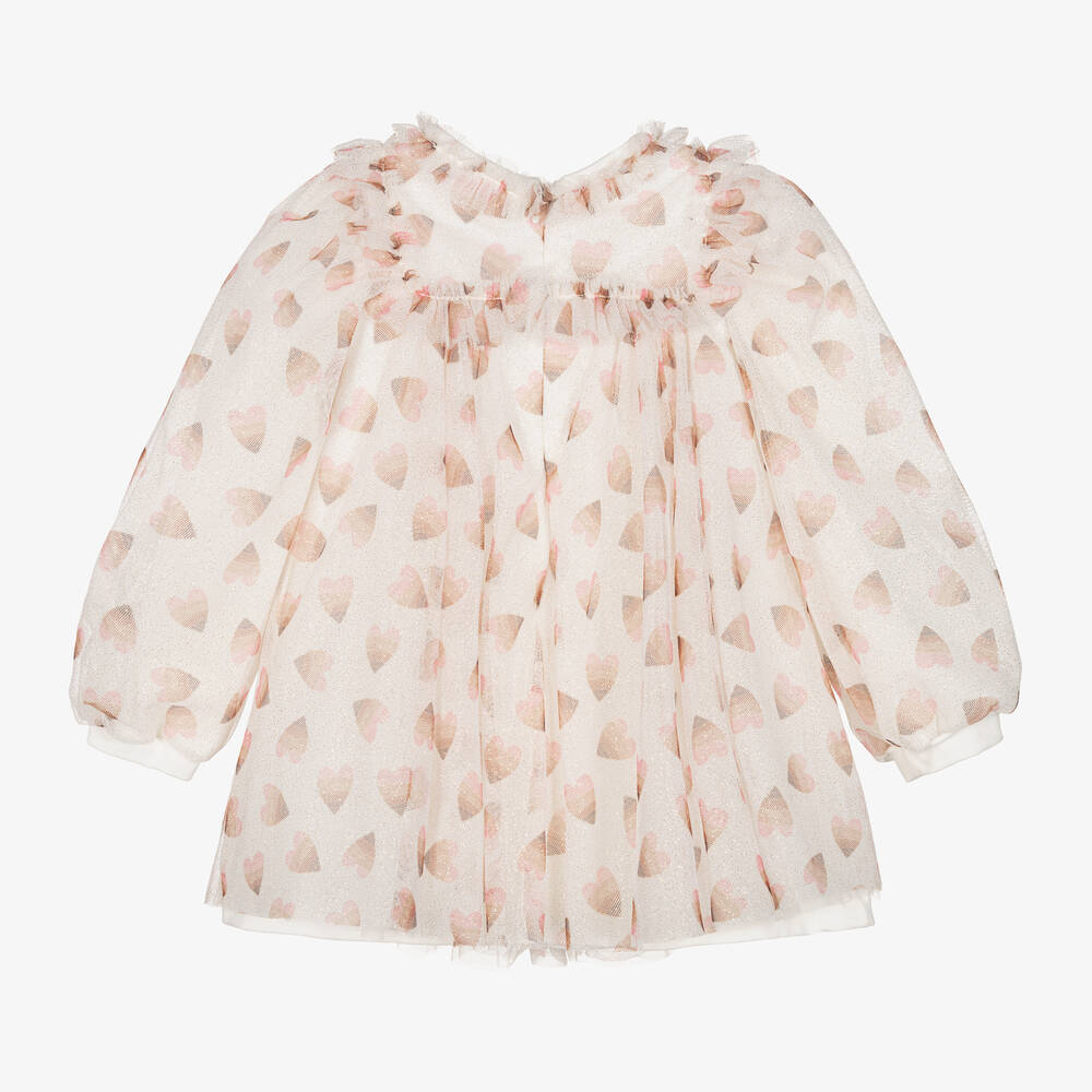 Monnalisa-فستان بطبعة قلوب تول لون عاجي وزهري | Childrensalon Outlet