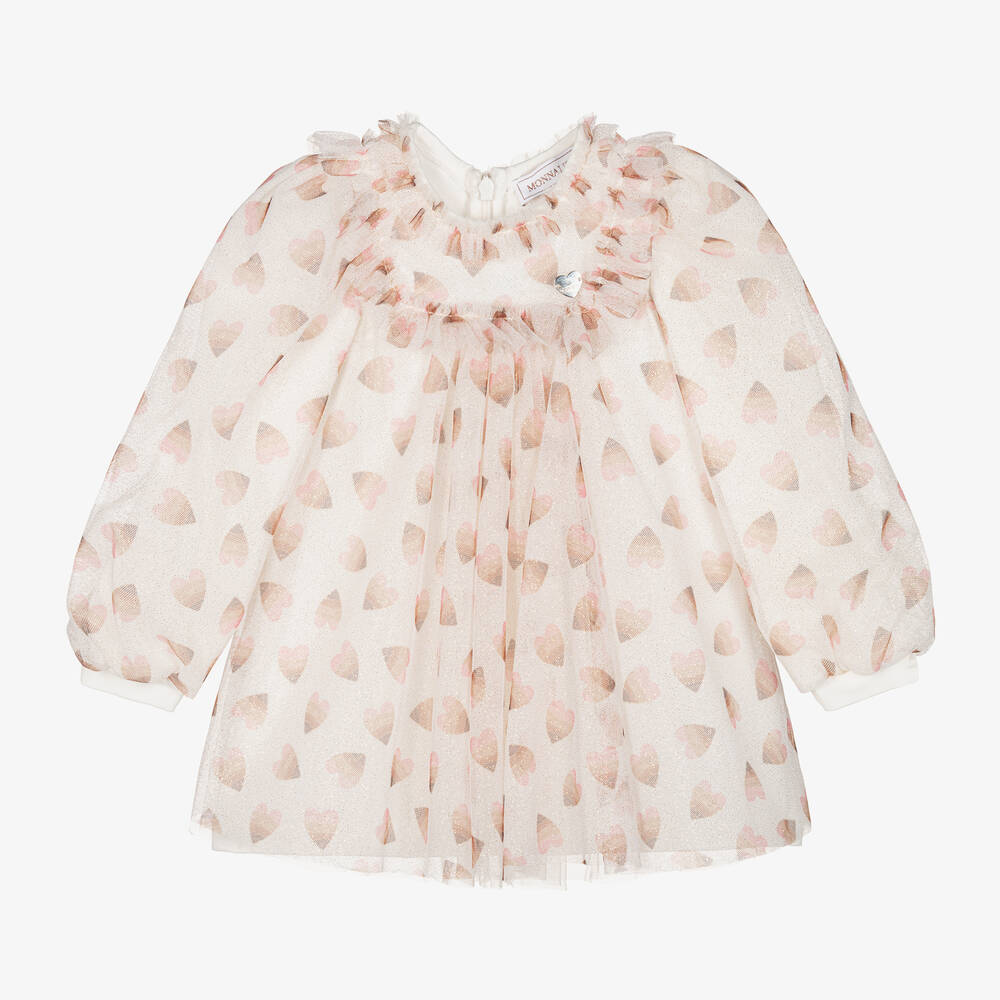 Monnalisa - Кремовое платье из тюля с розовыми сердечками | Childrensalon