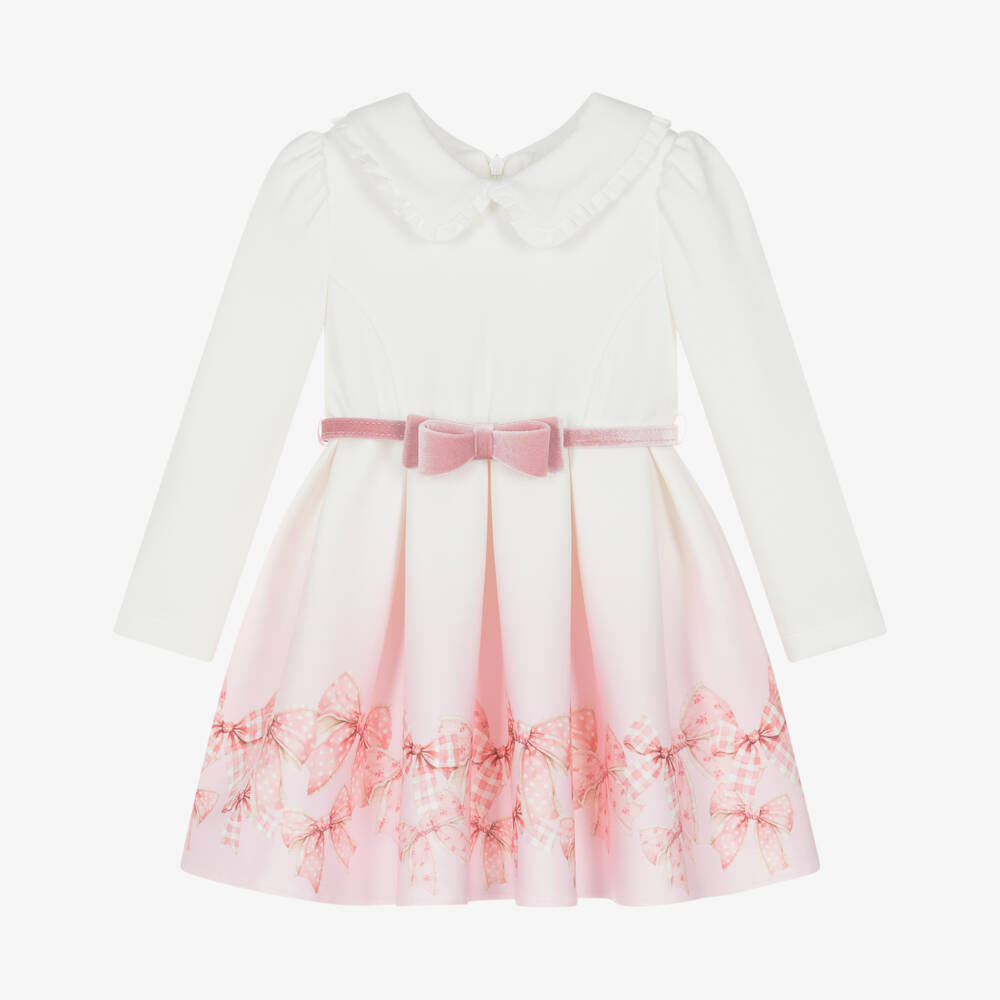 Monnalisa-Girls Ivory & Pink Ombré Milano Jersey Bow Print Dress | Childrensalon Outlet