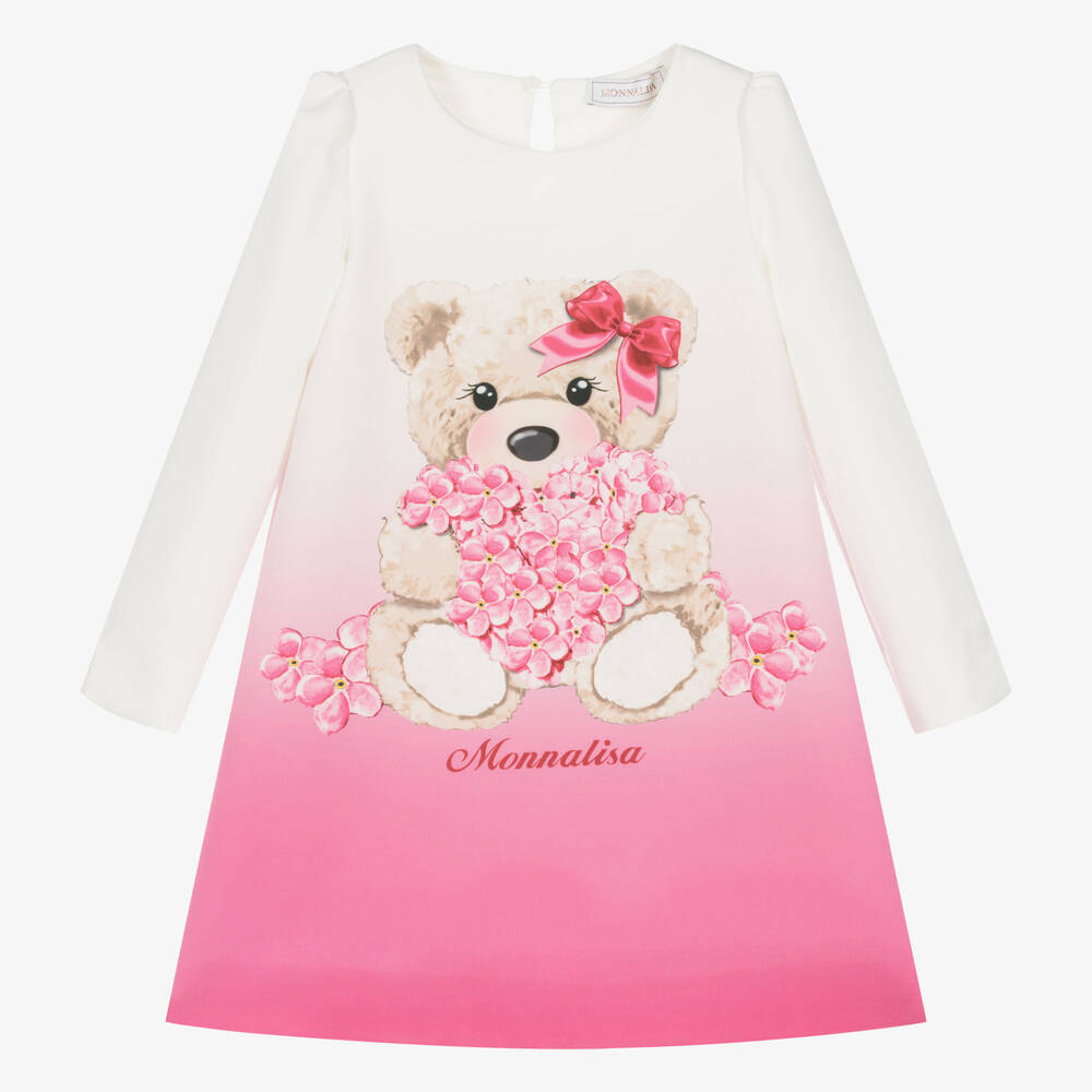 Monnalisa - Кремово-розовое платье с эффектом омбре и медвежонком | Childrensalon