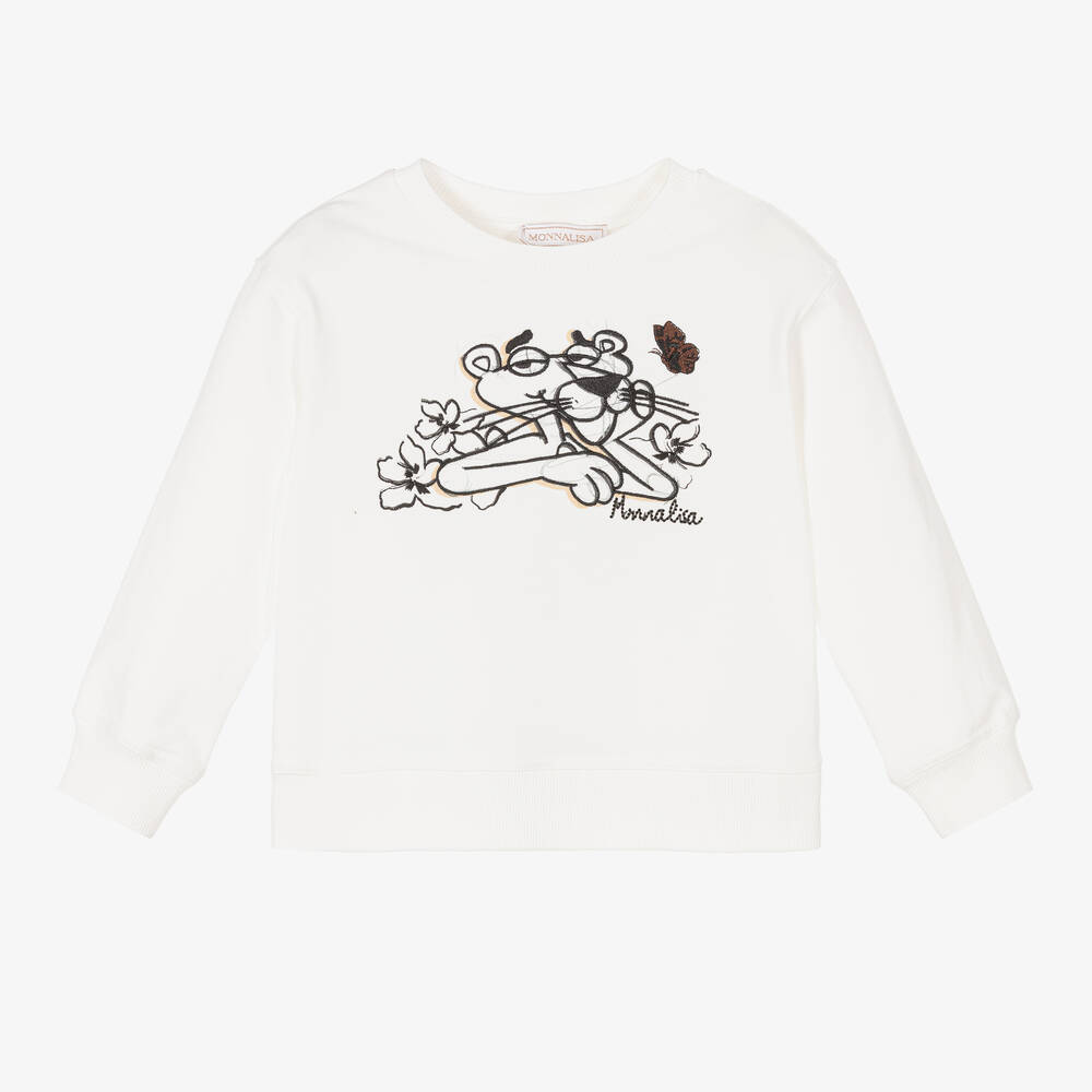 Monnalisa - Girls Ivory Pink Panther Cotton Sweatshirt | Childrensalon