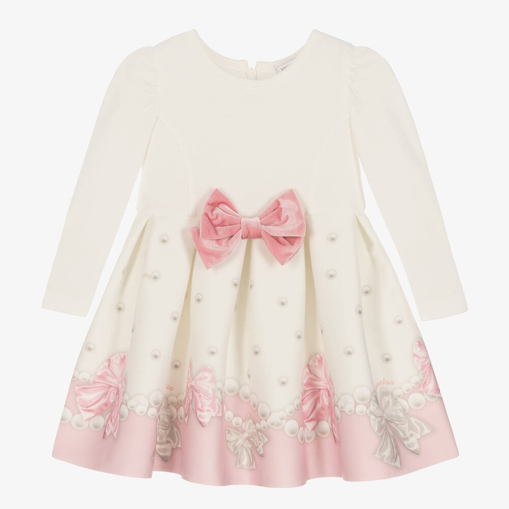 Monnalisa - Кремово-розовое платье с бантиками и жемчужинами | Childrensalon