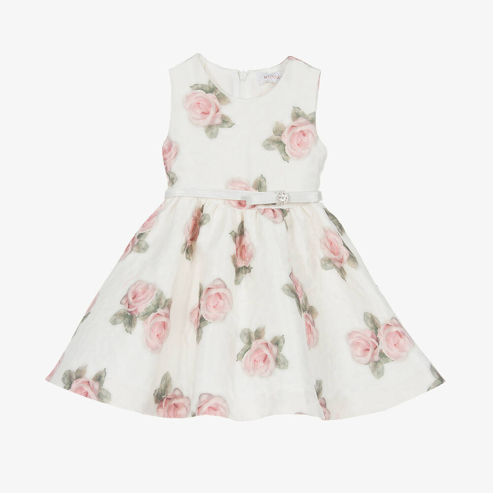 Monnalisa - Girls Ivory & Pink Rose Print Dress | Childrensalon