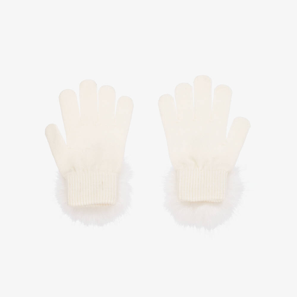 Monnalisa-Girls Ivory Pom-Pom Knit Mittens | Childrensalon Outlet
