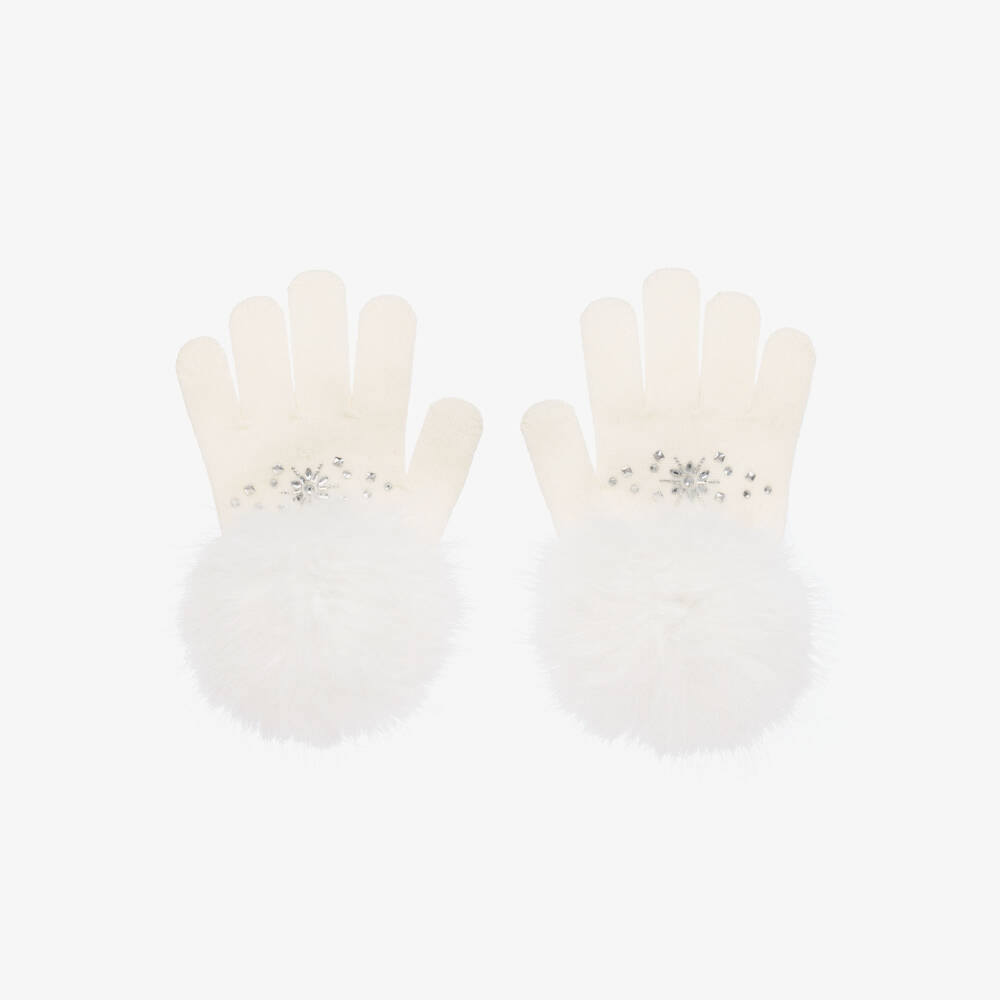 Monnalisa-Girls Ivory Pom-Pom Knit Mittens | Childrensalon Outlet