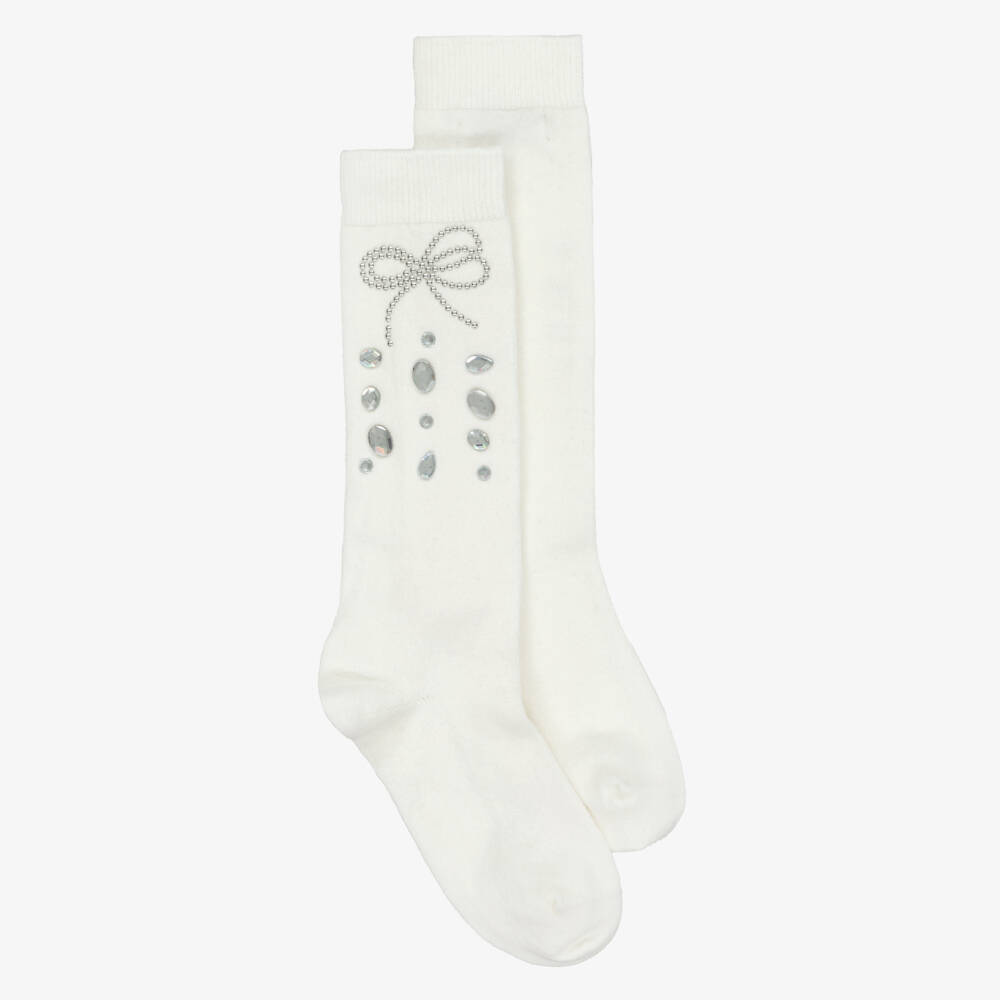Monnalisa-Girls Ivory Rhinestone & Studded Bow Socks | Childrensalon Outlet