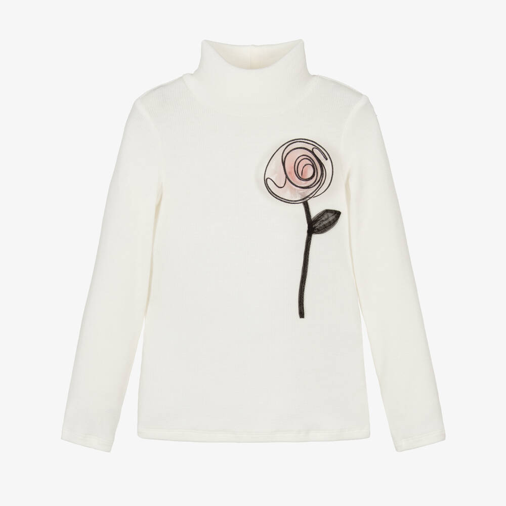 Monnalisa Chic-Girls Ivory Ribbed Jersey Roll Neck Top | Childrensalon Outlet