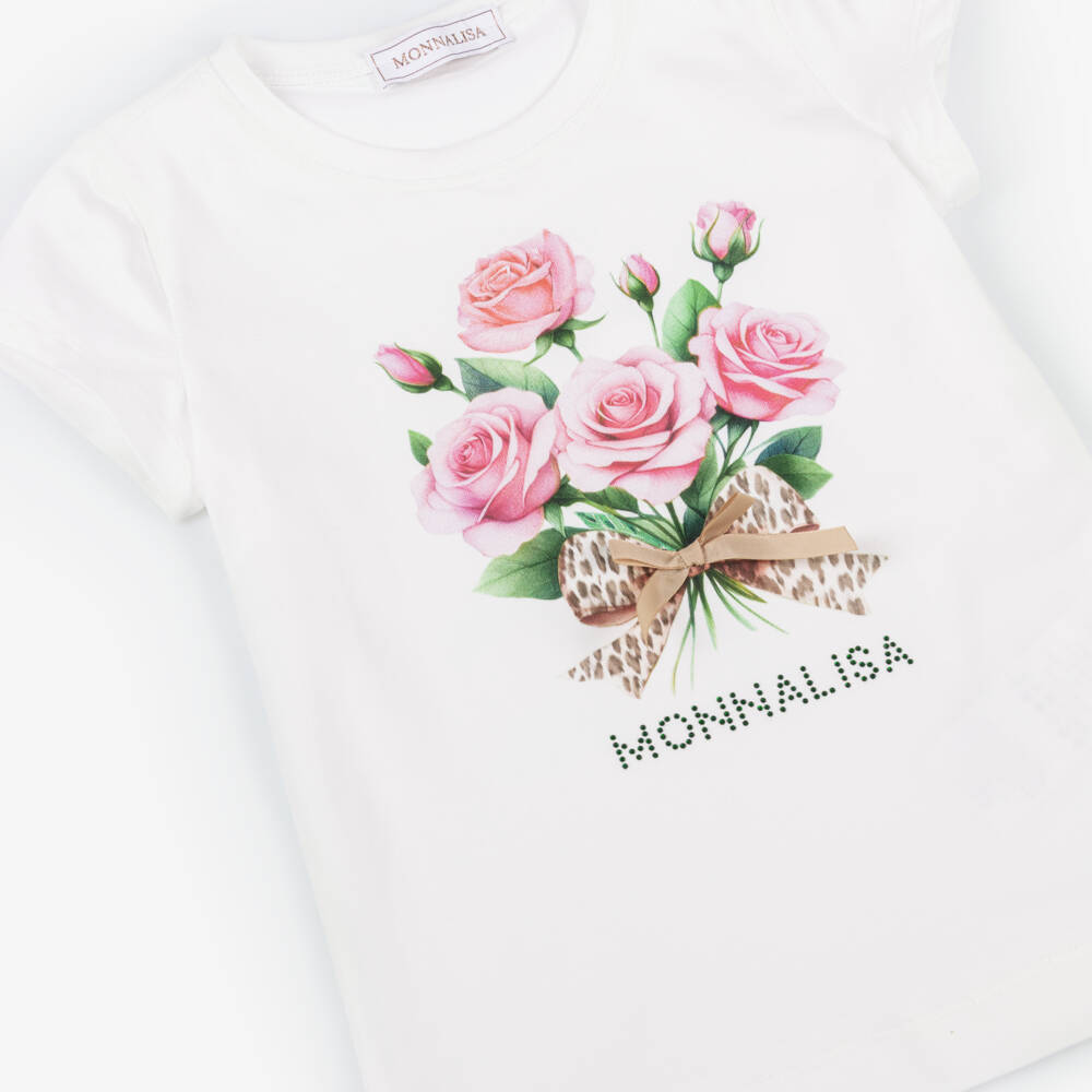 Monnalisa-Girls Ivory Rose Print Cotton Jersey T-Shirt | Childrensalon Outlet