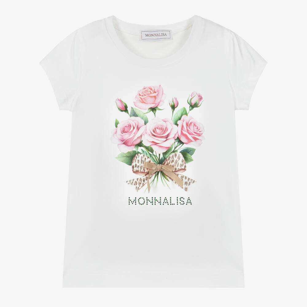 Monnalisa-Girls Ivory Rose Print Cotton Jersey T-Shirt | Childrensalon Outlet