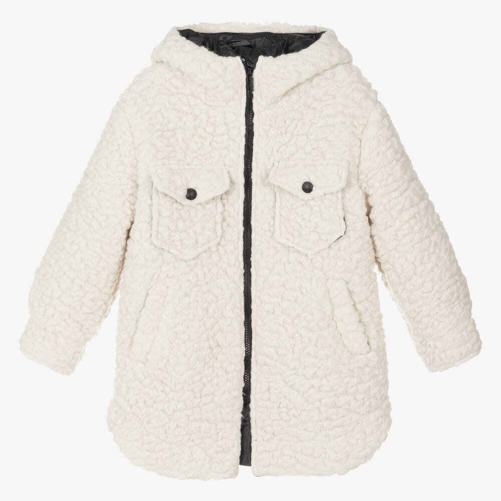 Monnalisa - Girls Ivory Sherpa Fleece Hooded Coat | Childrensalon