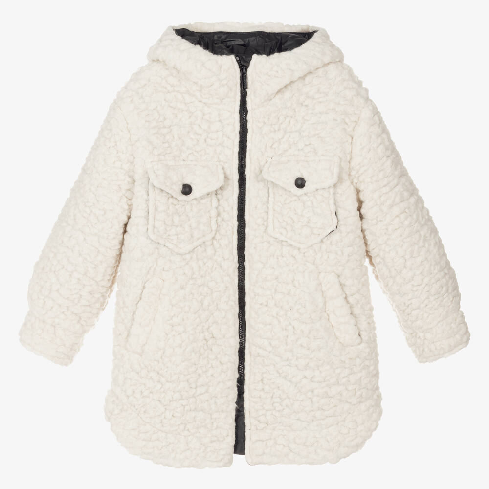 Monnalisa - Manteau ivoire en Sherpa à capuche | Childrensalon