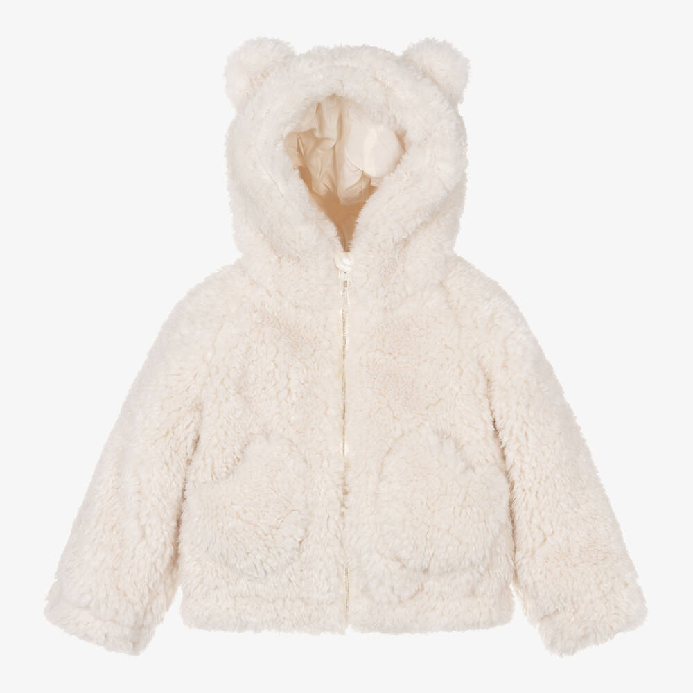 Monnalisa - Girls Ivory Sherpa Fleece Hooded Jacket | Childrensalon