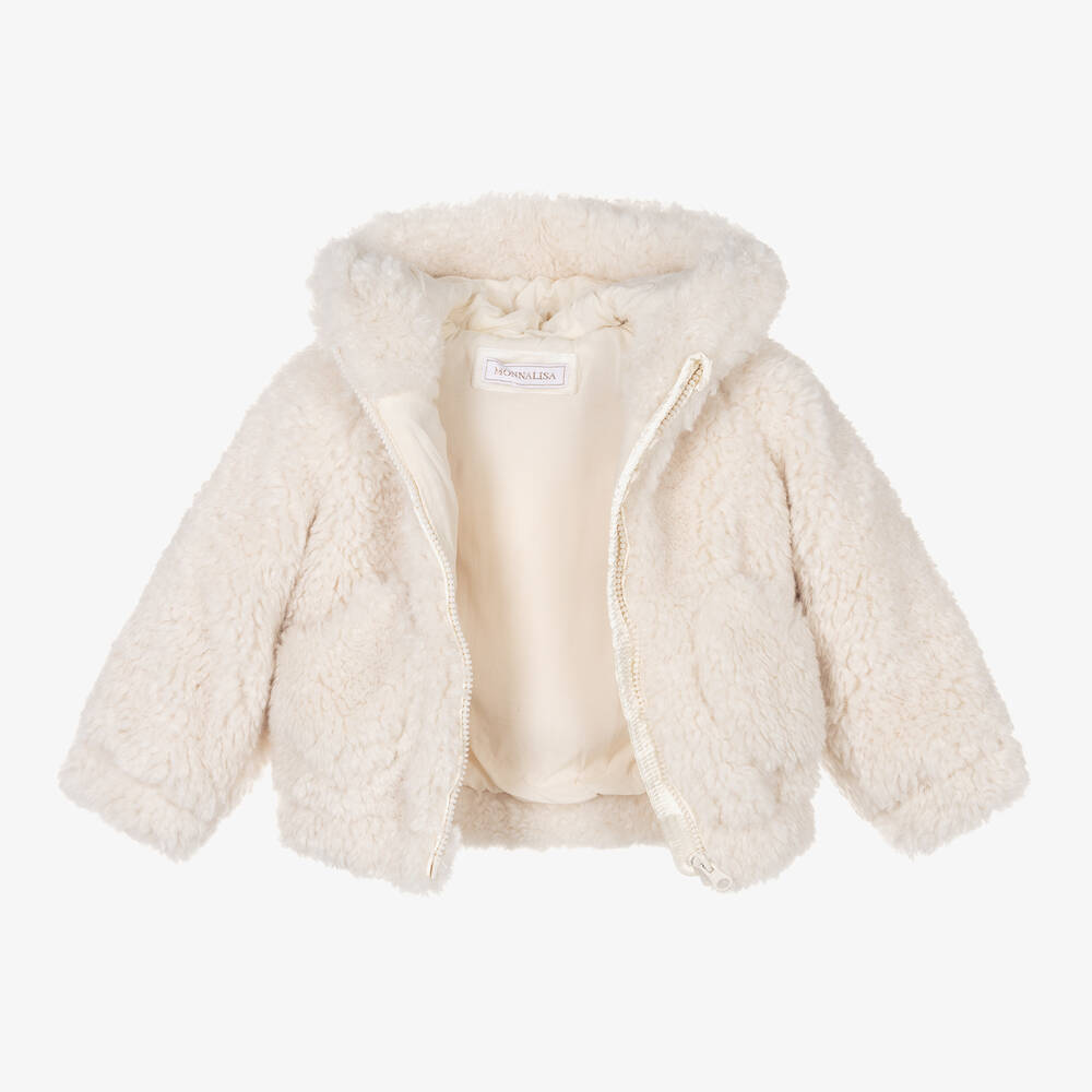 Monnalisa-Girls Ivory Sherpa Fleece Hooded Jacket | Childrensalon Outlet