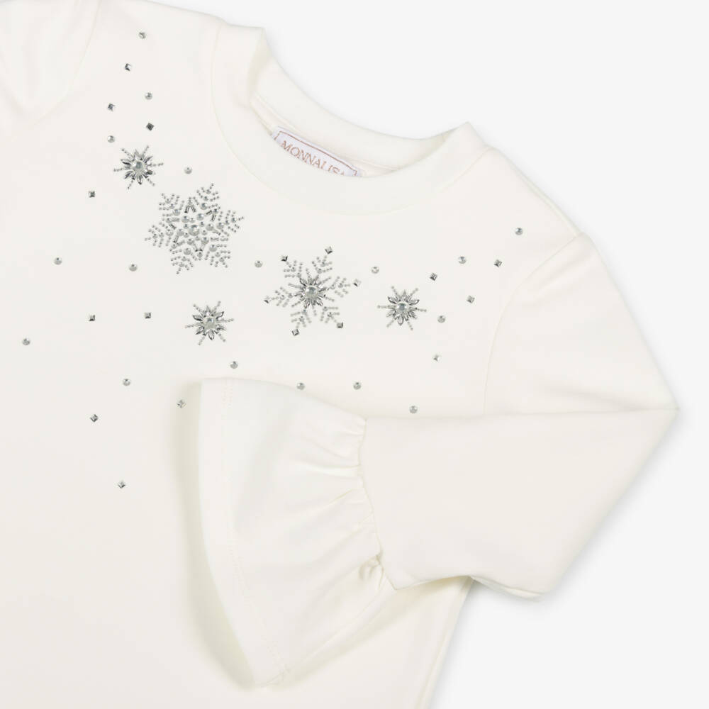 Monnalisa-Girls Ivory Snowflake Jersey Dress | Childrensalon Outlet