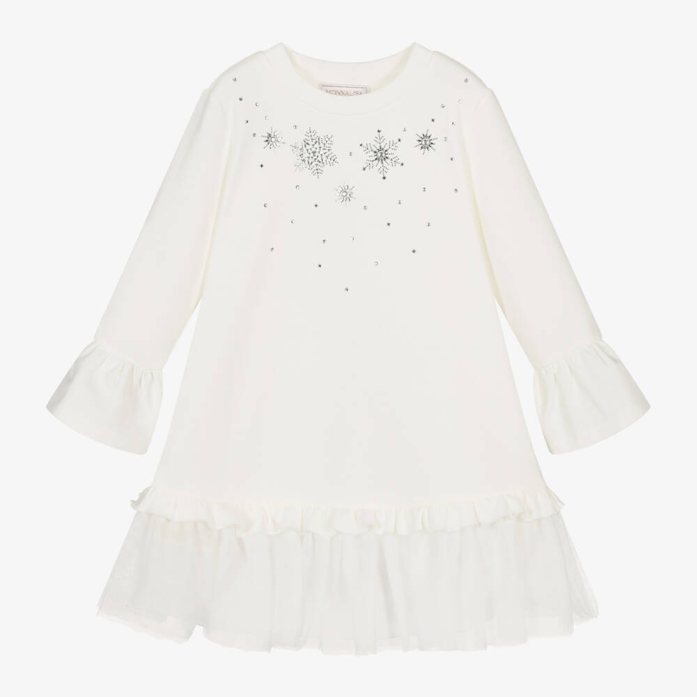 Monnalisa-Girls Ivory Snowflake Jersey Dress | Childrensalon Outlet