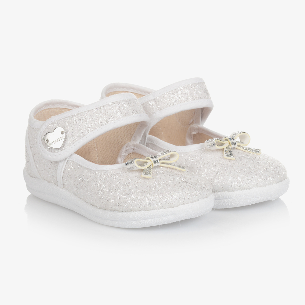 Monnalisa - Girls Ivory Sparkle Bow Shoes | Childrensalon