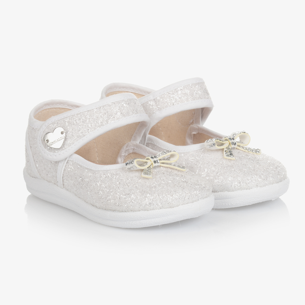 Monnalisa - Elfenbeinfarbene Schleifen-Glitzerschuhe (M) | Childrensalon