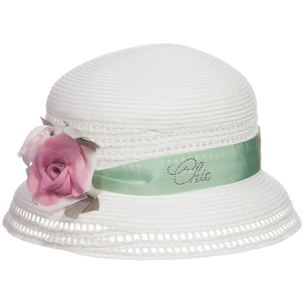 Monnalisa Chic-Girls Ivory Sun Hat with Pink Rose | Childrensalon Outlet