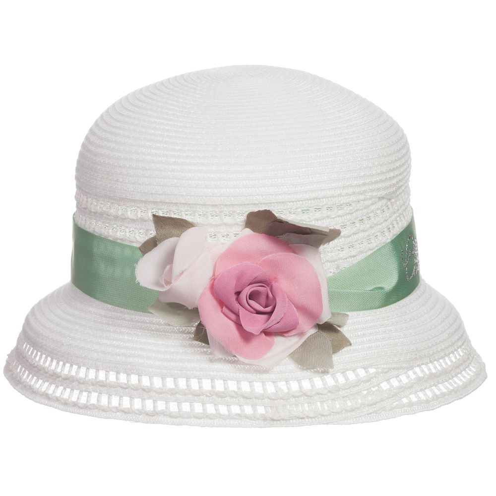 Monnalisa Chic-Girls Ivory Sun Hat with Pink Rose | Childrensalon Outlet