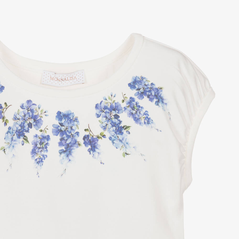 Monnalisa Шик-Кремовая синяя цветочная футболка для девочек | Childrensalon Outlet