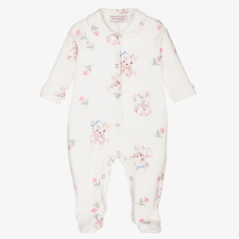 Monnalisa - Girls Ivory Teddies Babygrow  | Childrensalon