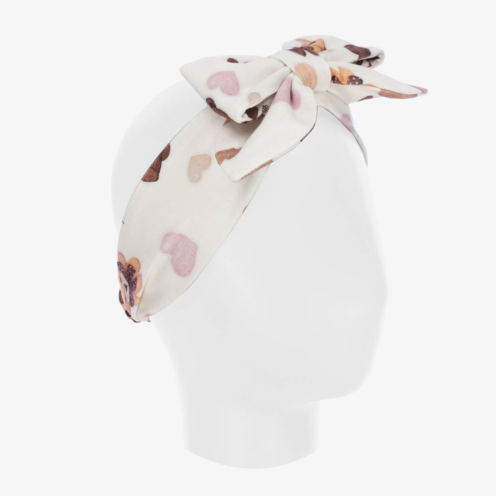 Monnalisa-طوق للرأس بطبعة تيدي بير مزيج فيسكوز لون عاجي | Childrensalon Outlet