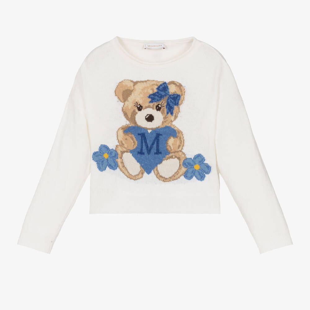 Monnalisa - Girls Ivory Teddy Bear Knit Sweater | Childrensalon