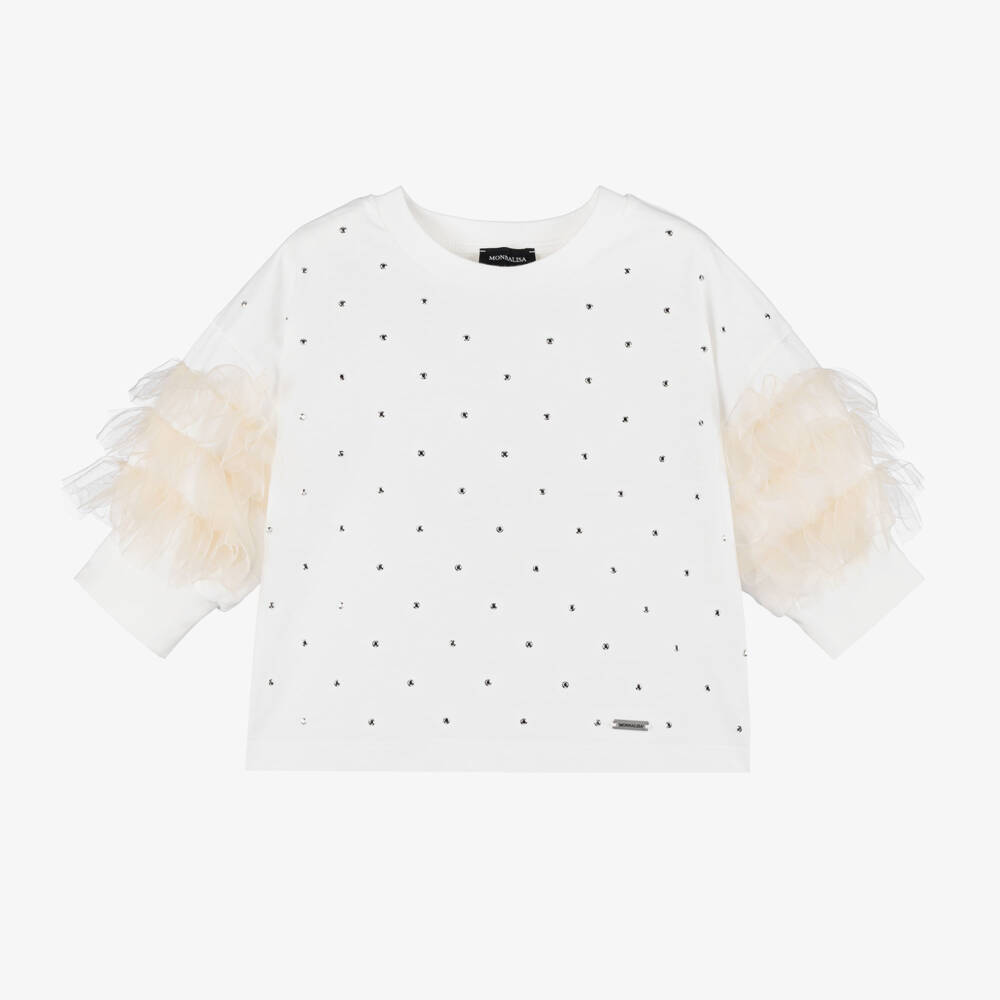 Monnalisa-Girls Ivory Tulle Embellished Top | Childrensalon Outlet
