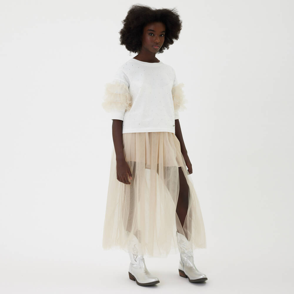 Monnalisa-Girls Ivory Tulle Embellished Top | Childrensalon Outlet