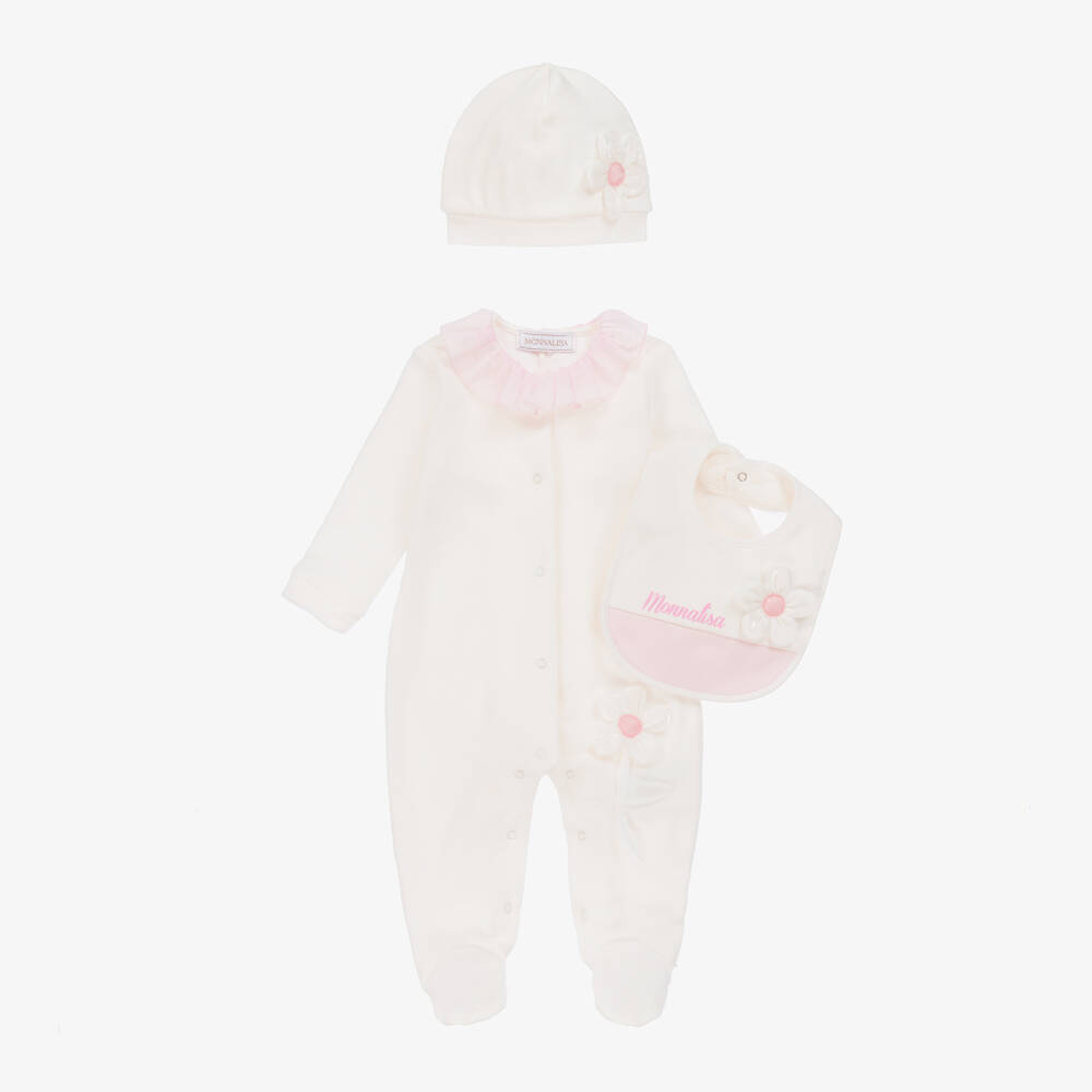 Monnalisa-طقم أفرول قطيفة وقبعة ومريلة قطن لون عاجي | Childrensalon Outlet
