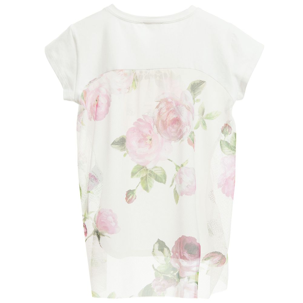 Monnalisa Chic-Girls Ivory Vintage Rose T-Shirt with Mesh Back | Childrensalon Outlet