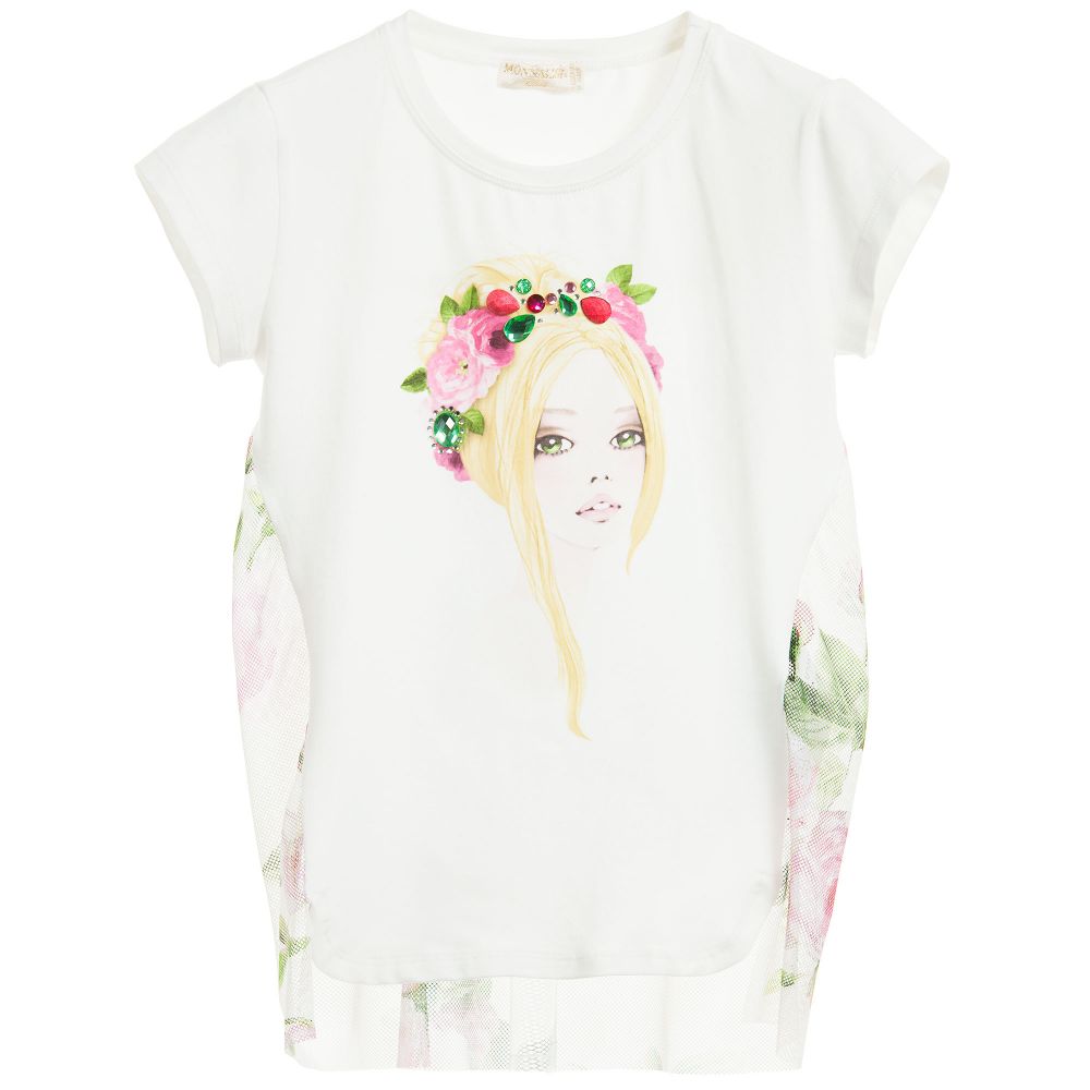 Monnalisa Chic - Girls Ivory Vintage Rose T-Shirt with Mesh Back | Childrensalon