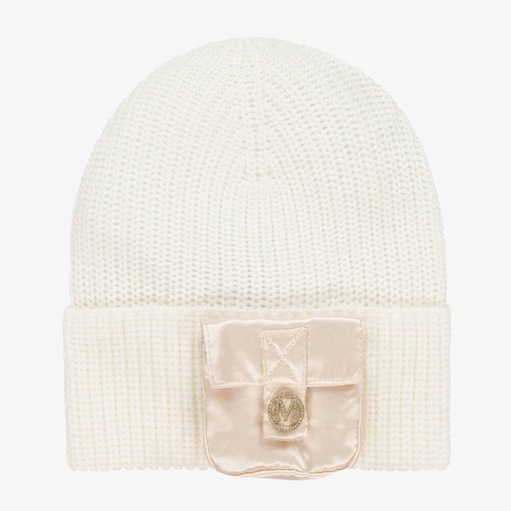 Monnalisa - Girls Knitted Ivory Beanie Hat | Childrensalon