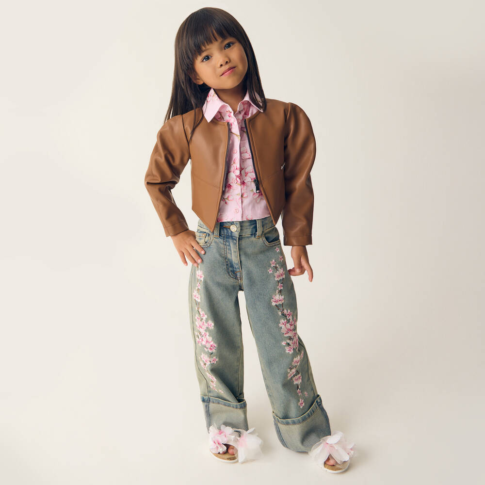Monnalisa-Girls Light Indigo Blossom Trousers | Childrensalon Outlet