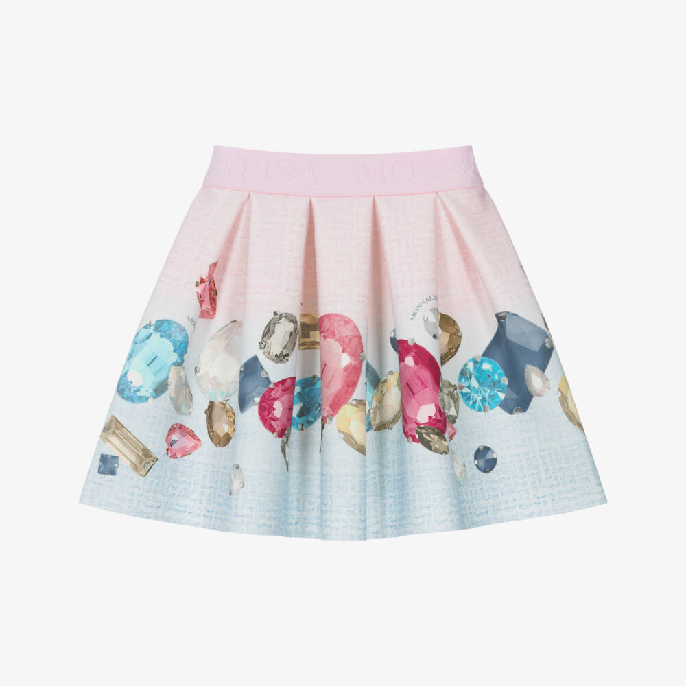 Monnalisa-Girls Light Pink & Blue Jewel Print Skirt | Childrensalon Outlet