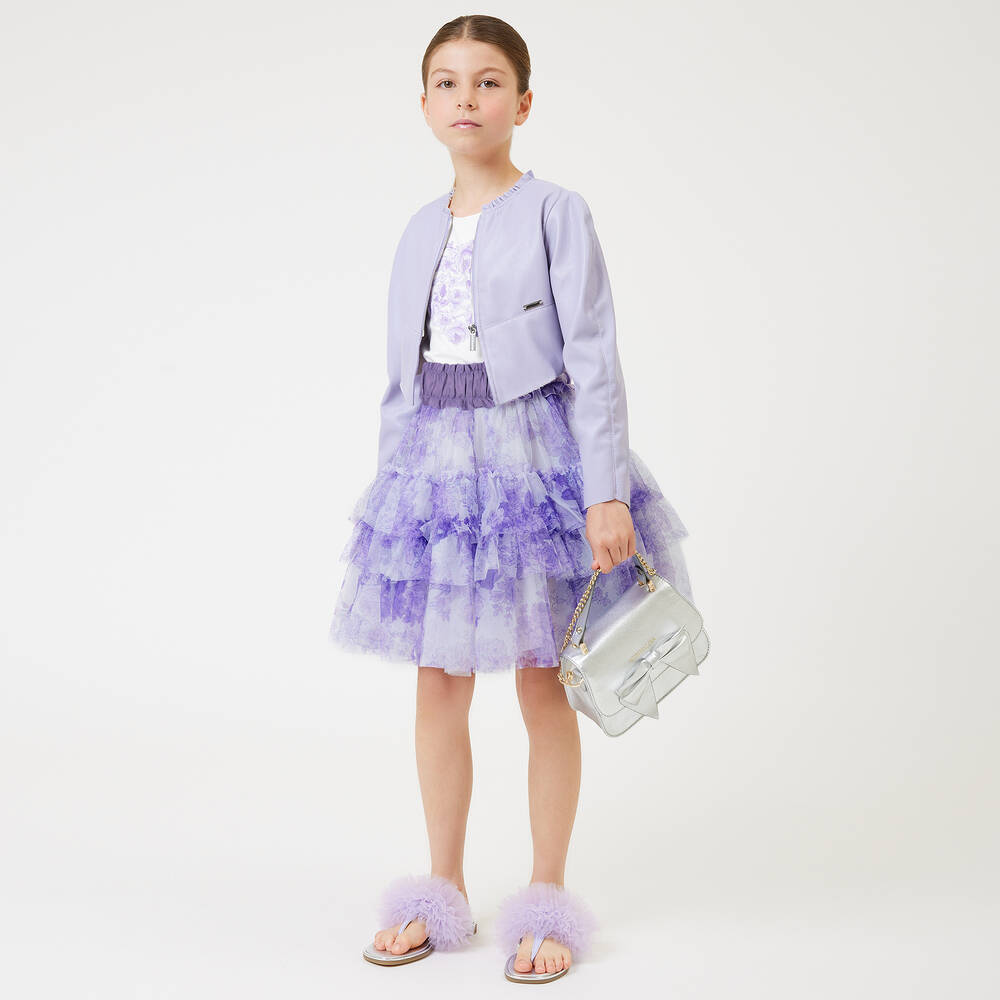 Monnalisa Chic-Girls Lilac Floral Tiered Tulle Skirt | Childrensalon Outlet