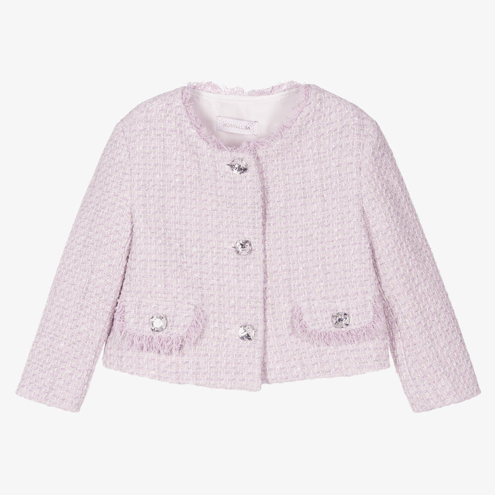 Monnalisa Chic - Girls Lilac Pink Bouclé Tweed Jacket | Childrensalon