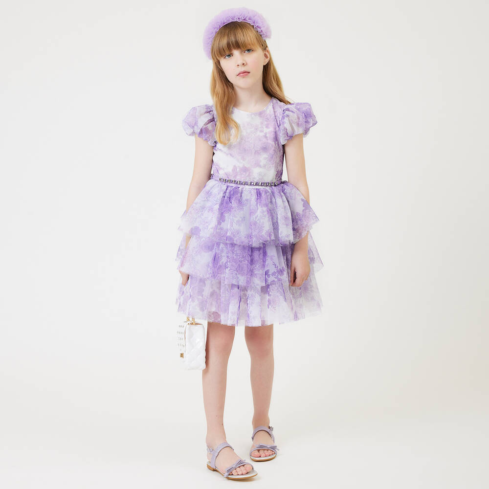 Monnalisa Girls Lilac Purple Floral Tulle Dress