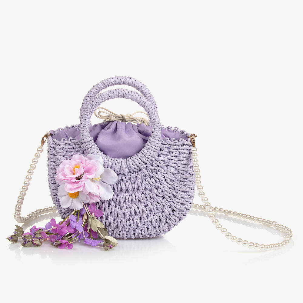 Monnalisa-Girls Lilac Purple Flower Straw Bag (21cm) | Childrensalon Outlet
