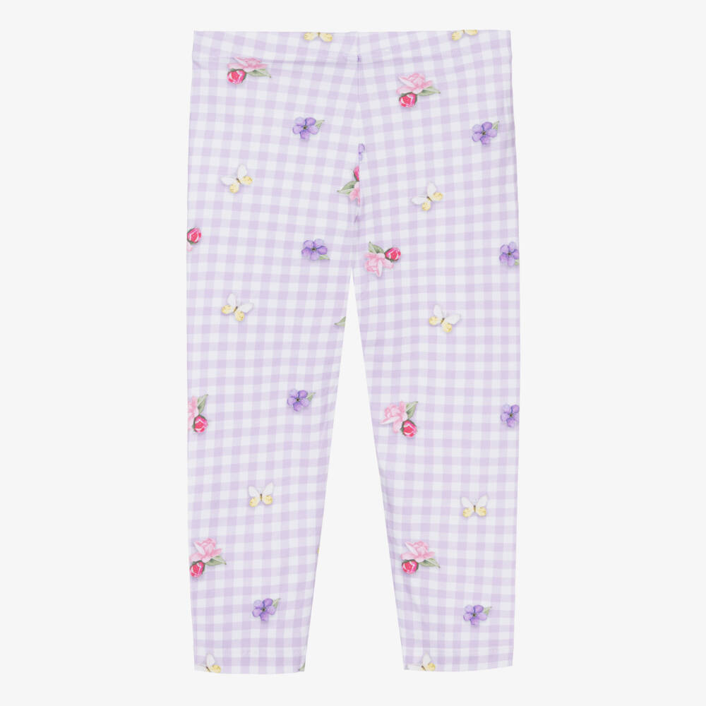 Monnalisa-Girls Lilac Purple & White Gingham Floral Cotton Leggings | Childrensalon Outlet