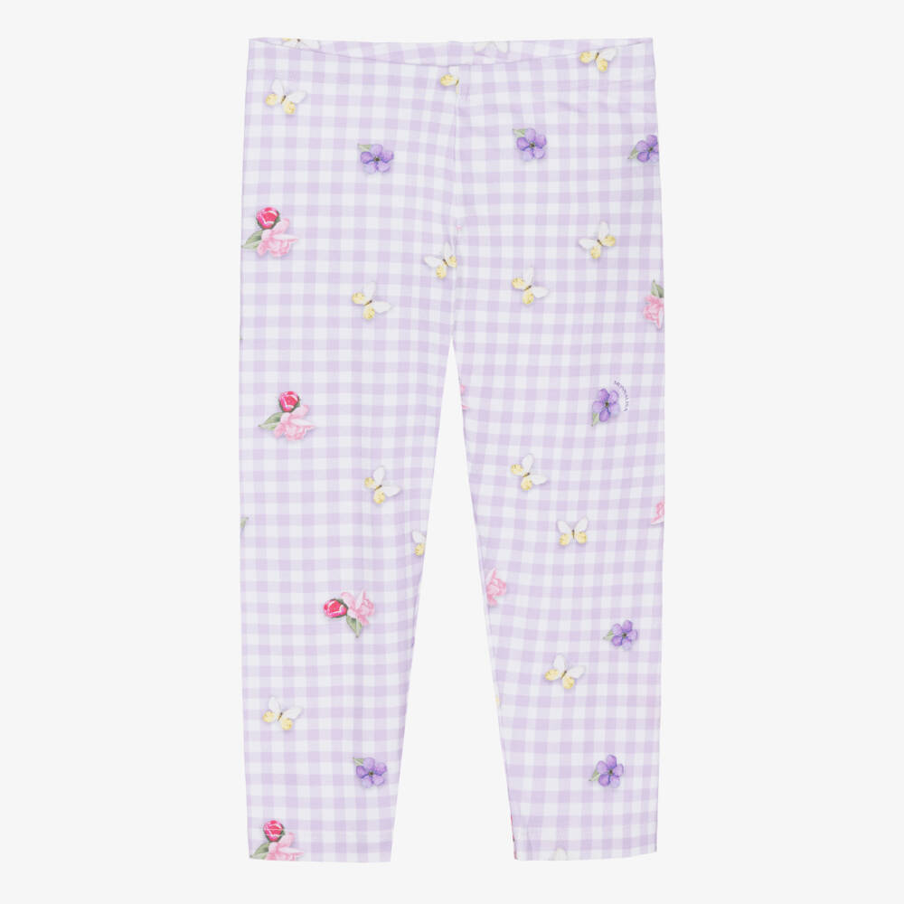 Monnalisa-Girls Lilac Purple & White Gingham Floral Cotton Leggings | Childrensalon Outlet