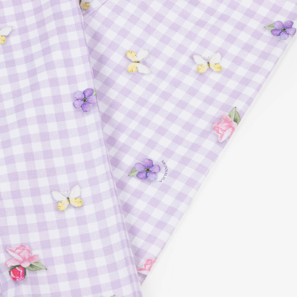 Monnalisa-Girls Lilac Purple & White Gingham Floral Cotton Leggings | Childrensalon Outlet